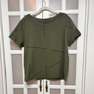 UZI NYC Olive Green Abstract Line Print Cotton Tee Made USA Medium